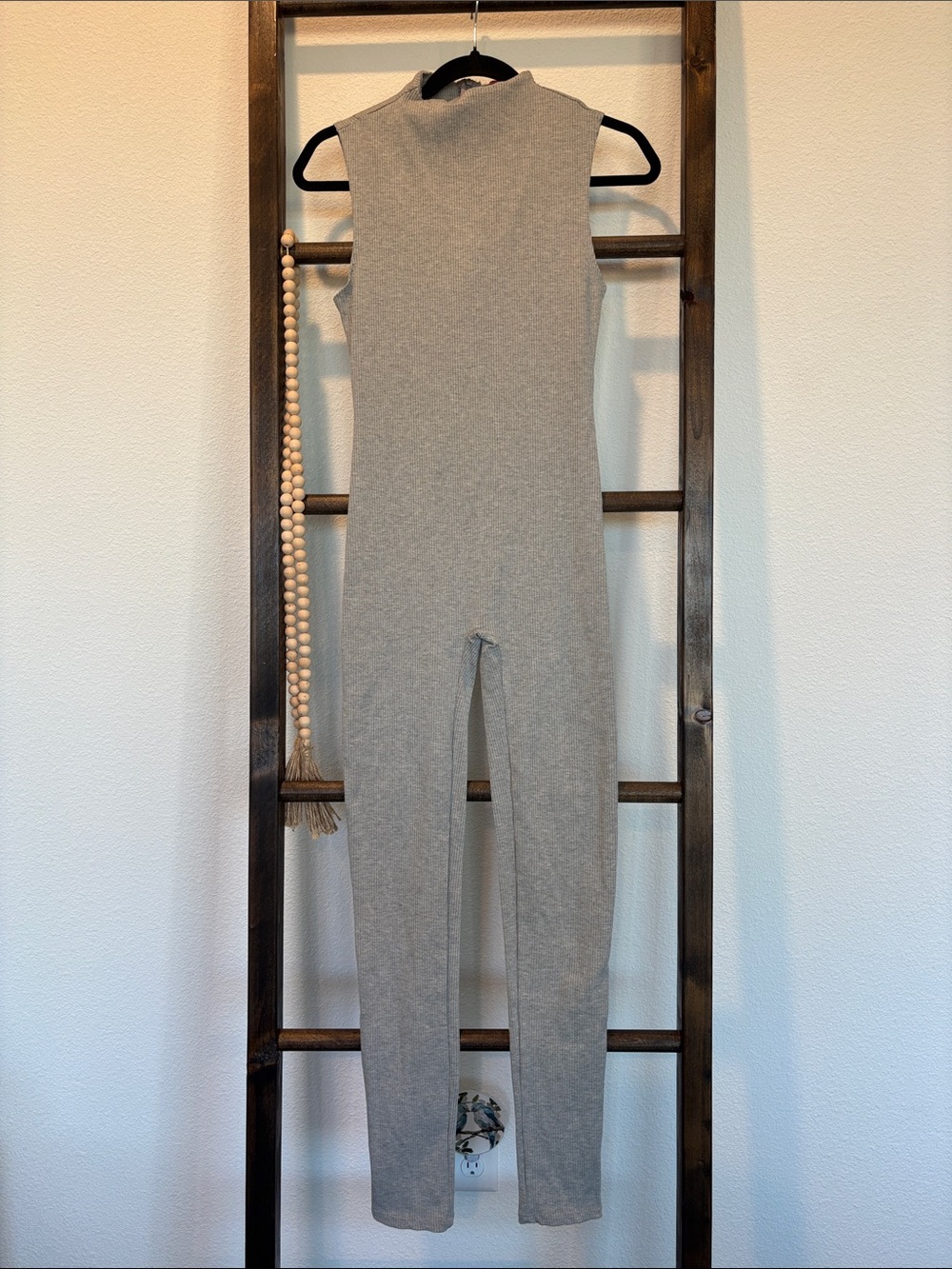 Sleeveless Ribbed Mock-Neck Jumpsuit in Light Gray